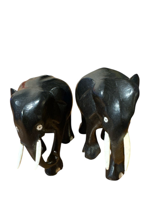 2 Hand Carved Wood Elephants