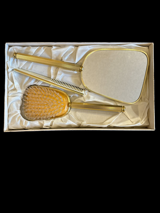 Boxed Vintage 3 pc Gold Toned Vanity Set