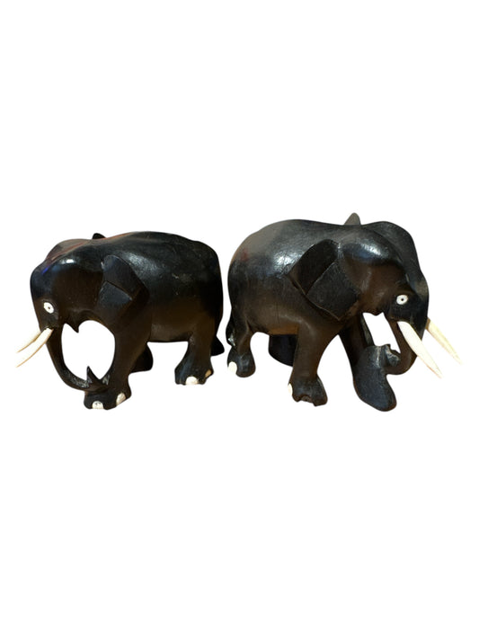 2 Hand Carved Wood Elephants