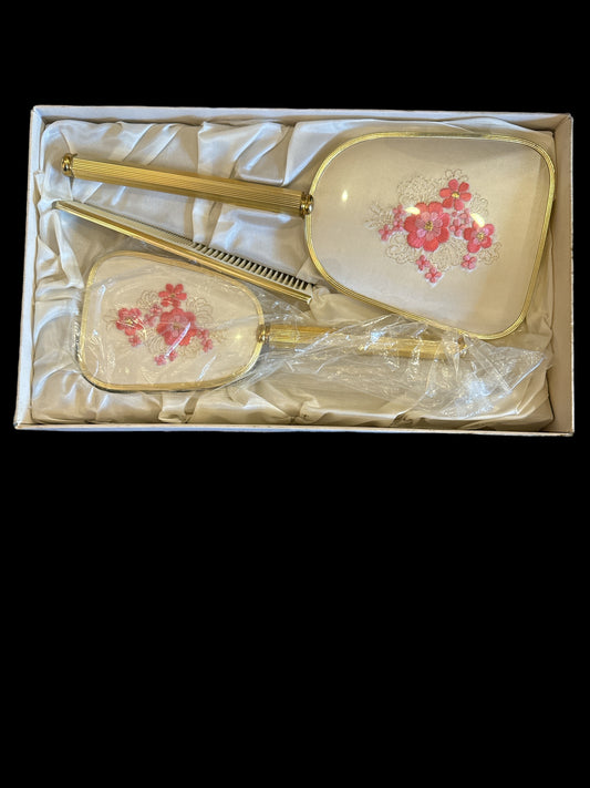 Boxed Vintage 3 pc Gold Toned Vanity Set